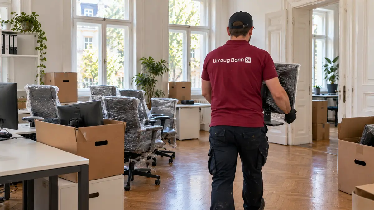Büroumzug Bonn: Umzugshelfer trägt einen verpackten Monitor