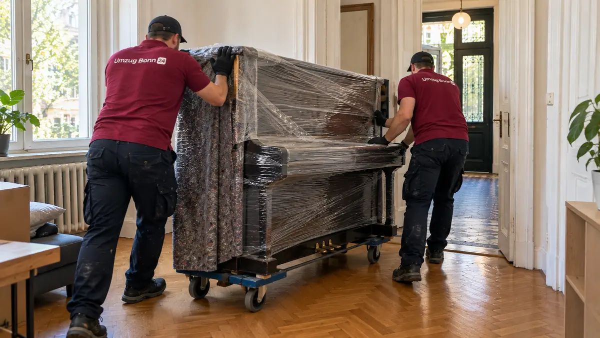 Klaviertransport Bonn: zwei Umzugshelfer rollen ein verpacktes Klavier über Parkett