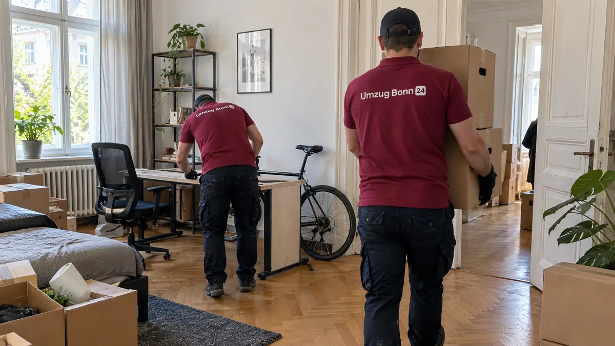 Studentenumzug Bonn: Umzugshelfer tragen Kartons aus einem WG-Zimmer