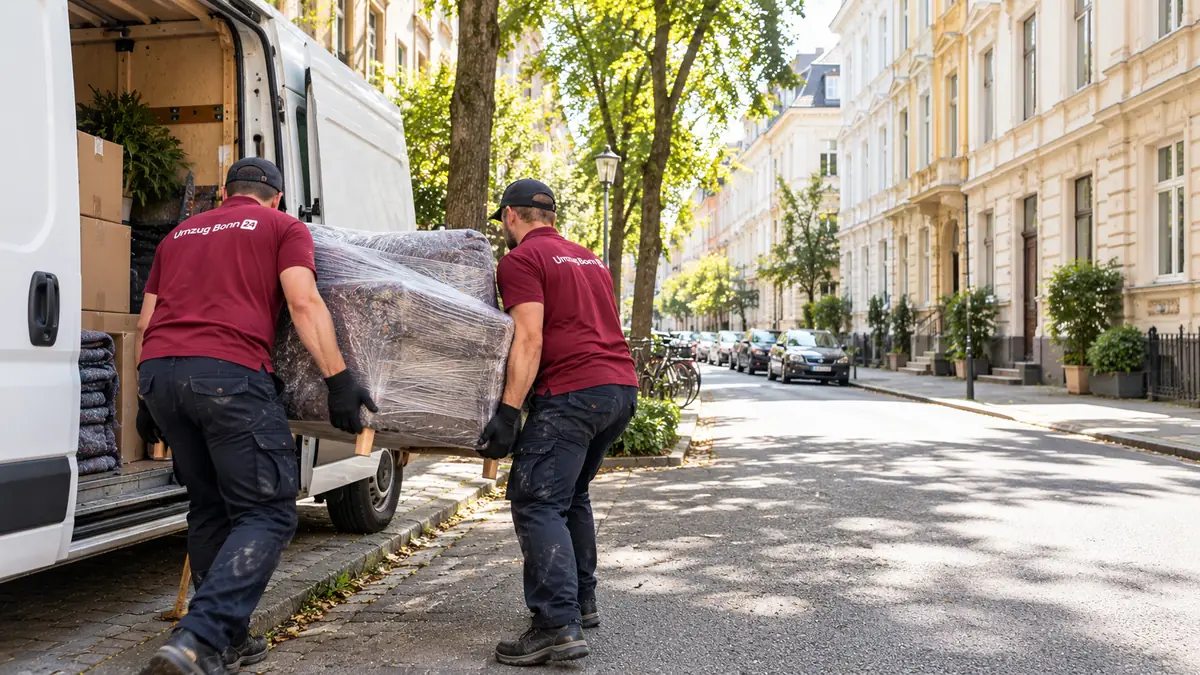 Privatumzug Bonn: zwei Umzugshelfer tragen einen Sessel zum Transporter
